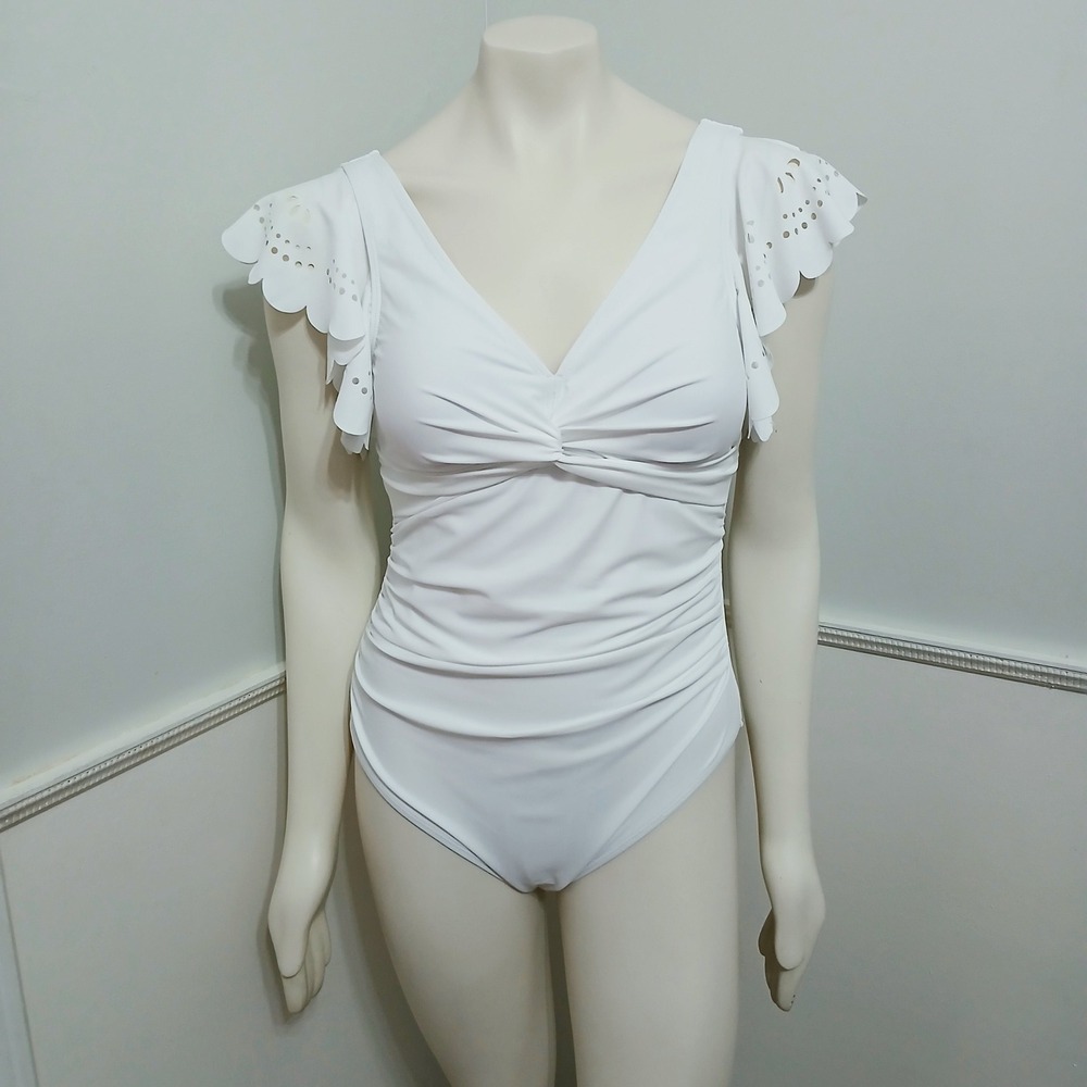 White Eyelet Flutter Sleeve Ruched One Piece Swimsuit Large V-Neck Tie Back NWOT